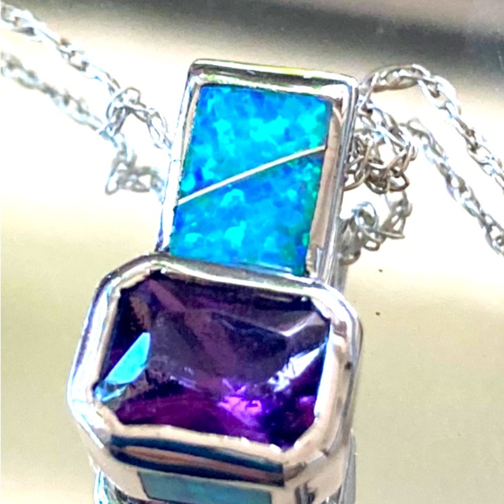 Sterling Silver Fire Opal and Amethyst Pendant Necklace